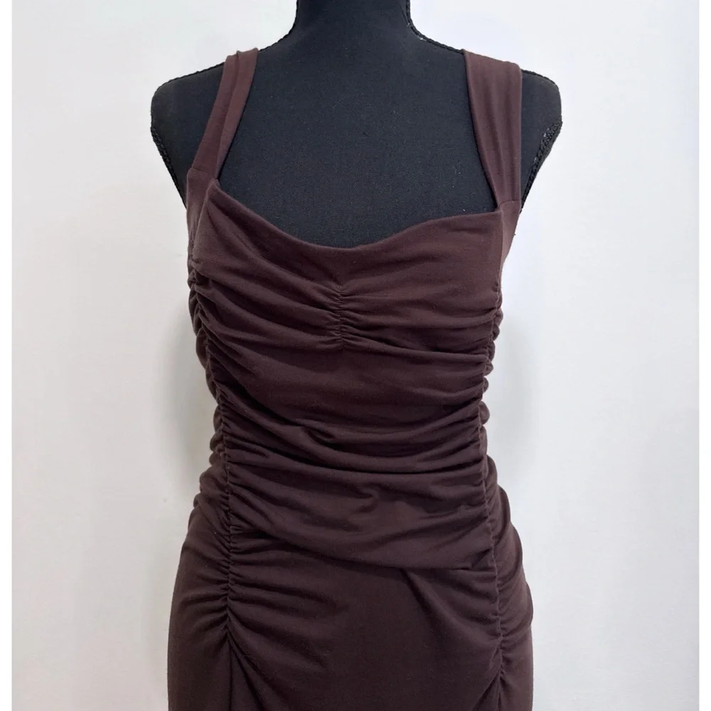 Reformation Suvi Knit Sweetheart Neckline Ruched Stretch Jersey Brown Midi Dress - Picture 5 of 13